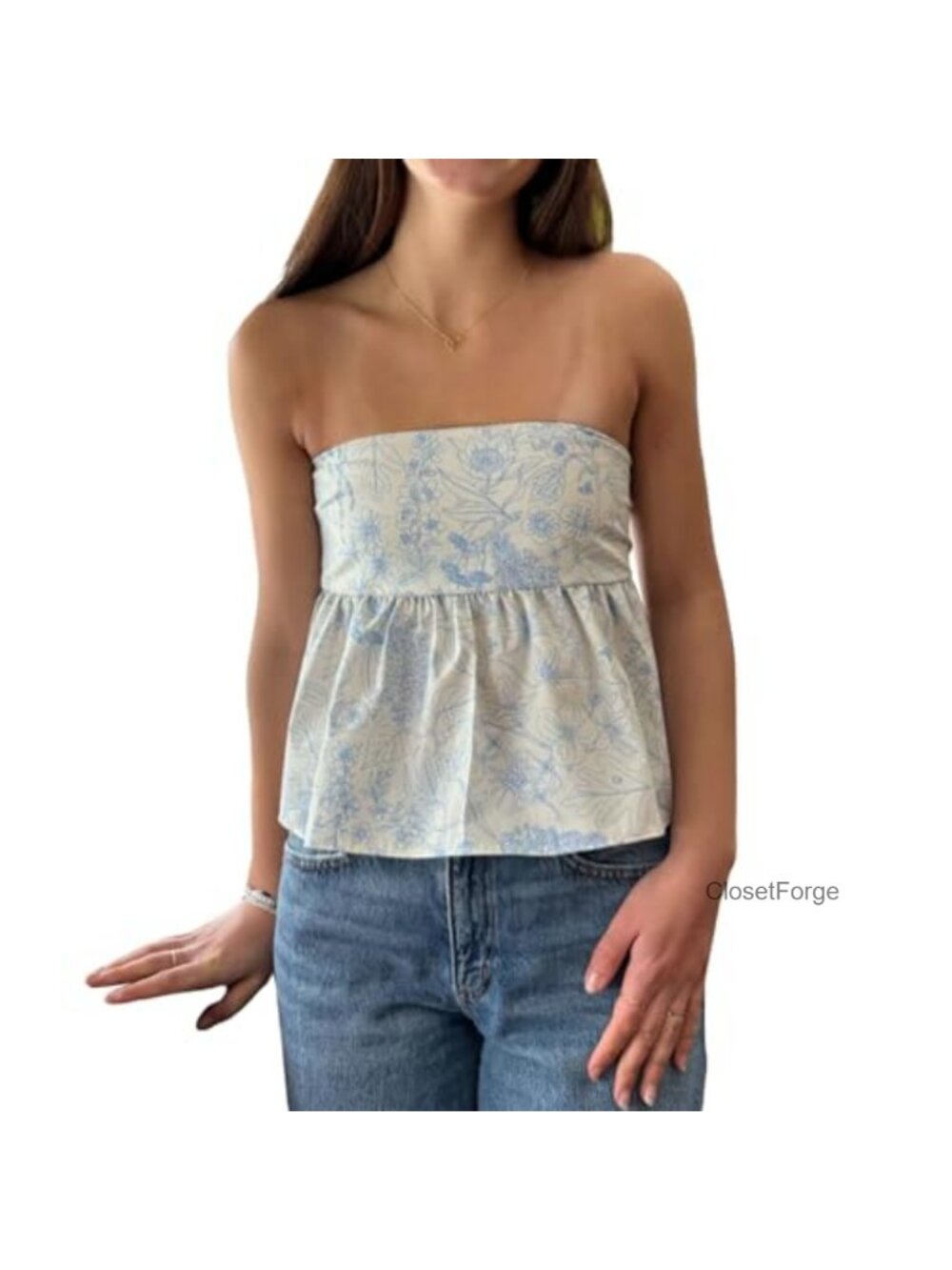 Women Strapless Smocked Peplum Bubble Ruffle Babydoll Tube Top
